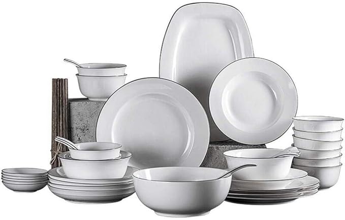 Tabletop Dinner SetsPottery Tableware,35 Piece Black Border Ceramics Dinnerware Set Plates Bowls Combination for Family Party and Kitchen Restaurant