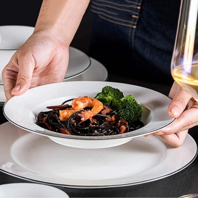 Tabletop Dinner SetsPottery Tableware,35 Piece Black Border Ceramics Dinnerware Set Plates Bowls Combination for Family Party and Kitchen Restaurant