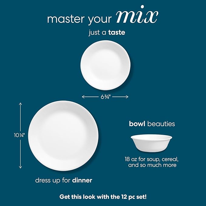 12-Piece Premium Triple-Layer Glass Dinnerware Set, Service for 4, Crisp Winter Frost White Design, Chip and Crack Resistant Tableware for Daily Dining, Dishwasher and Microwave Safe Kitchen Essential
