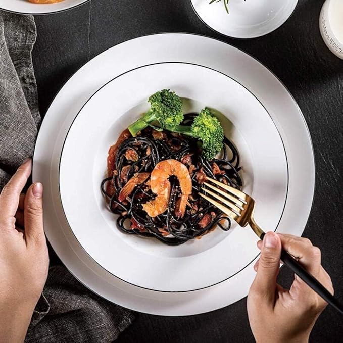 Tabletop Dinner SetsPottery Tableware,35 Piece Black Border Ceramics Dinnerware Set Plates Bowls Combination for Family Party and Kitchen Restaurant
