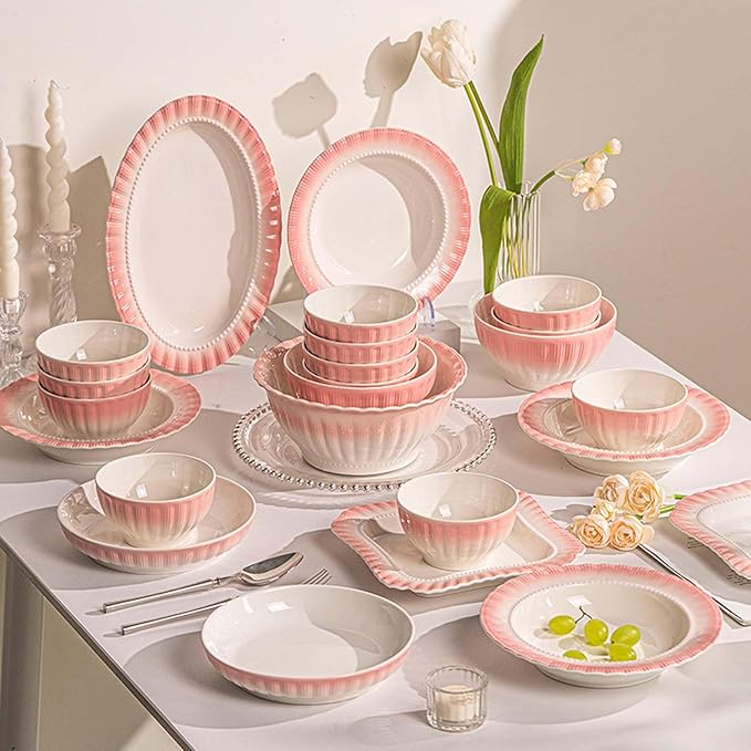 Pink White Gradient Dinnerware Set Plates Bowls Dishes Service Porcelain Dinnerware Set Elegant Dinner Plates Pasta Bowls Salad Plates Dessert Bowls Tableware Set