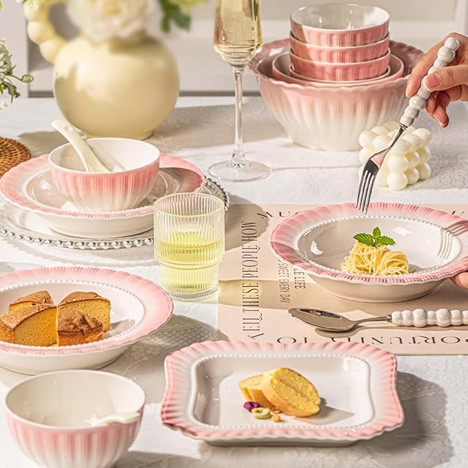 Pink White Gradient Dinnerware Set Plates Bowls Dishes Service Porcelain Dinnerware Set Elegant Dinner Plates Pasta Bowls Salad Plates Dessert Bowls Tableware Set